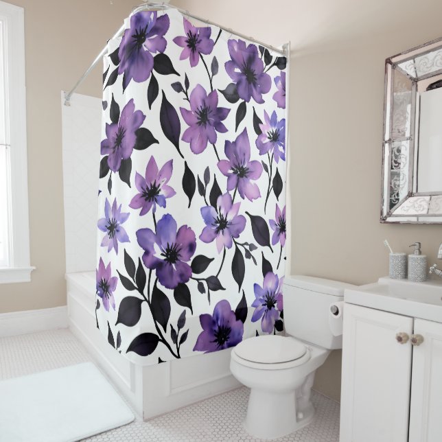 Rideaux De Douche Aquarelle violette blanche (En situation)