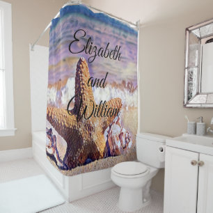Rideaux De Douche Aquarelle violette Coquillages d'étoiles de mer Pe