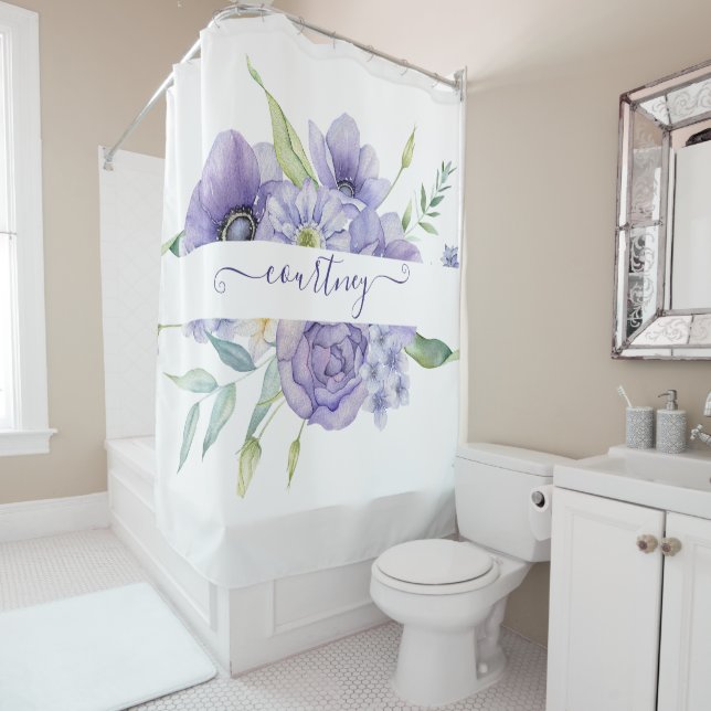 Rideaux De Douche Aquarelle violette florale personnalisée (En situation)
