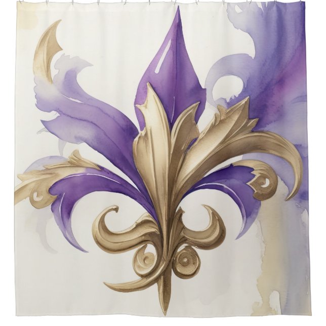Rideaux De Douche Aquarelle violette Tan Fleur de Lis (Devant)