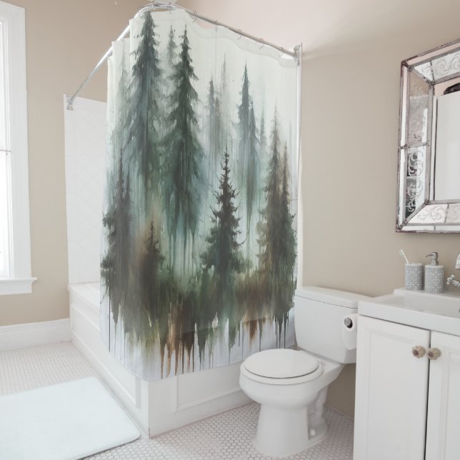 Rideaux De Douche Aquarelles Arbres rustiques Wilderness (En situation)