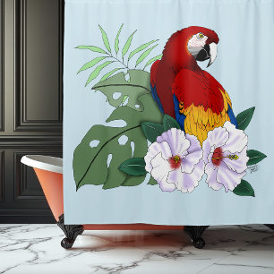 Rideaux De Douche Ara rouge Macaw Perroquet Tropical Blanc Hibiscus
