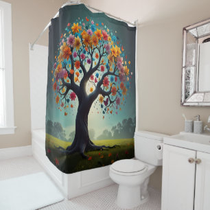 Rideaux De Douche Arbre en Fleur, Fleurs et papillons colorés