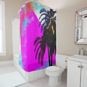 Rideaux De Douche Arbres Palmiers De Plage Colorés Rétro Rose D'été