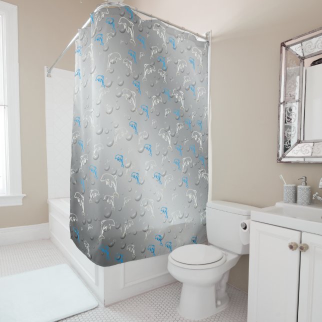Rideaux De Douche argent, bleu, bleu, or, argent, dessin, poisson, (En situation)