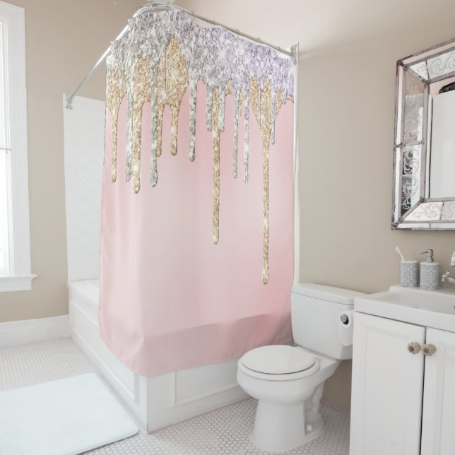 Rideaux De Douche *~* Argent rose + PARTIES SCINTILLANT de goutte d' (En situation)