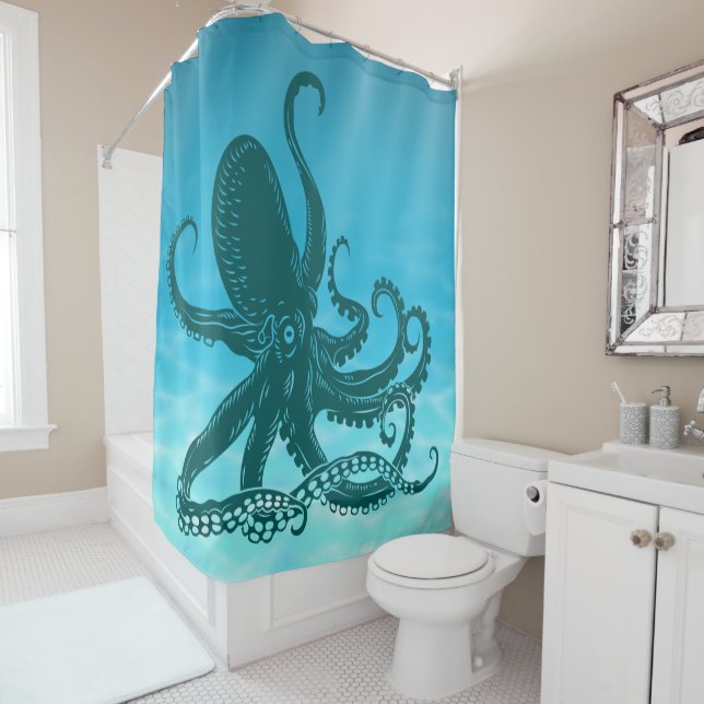 Rideaux De Douche Arrière - plan d'eau océanique octopus turquoise (En situation)