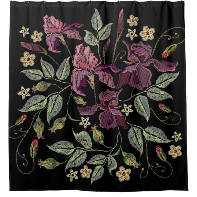 Rideaux De Douche Arrière - plan noir Irises pourpres brodé. (Devant)