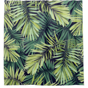 Rideaux De Douche Arrière - plan vert clair avec plantes tropicaux.