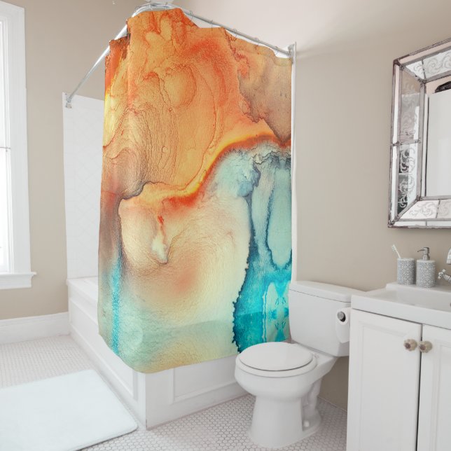 Rideaux De Douche Art Abstrait marbré élégant orange et bleu (En situation)