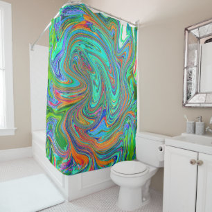 Rideaux De Douche Art abstrait rétro groovy Aqua, Orange et Vert