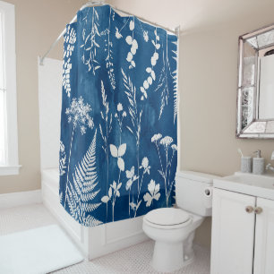 Rideaux De Douche Art botanique de fougère au cyanotype bleu indigo 