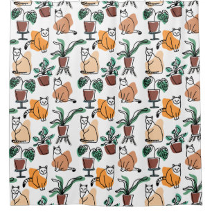 Rideaux De Douche Art de trait dessin chats et fleurs