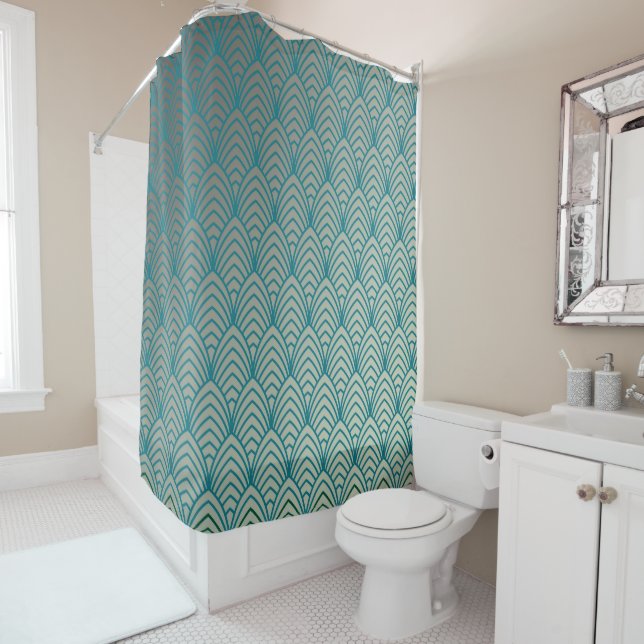 Rideaux De Douche Art déco, motif ventilateur, turquoise, blanc, mot (En situation)