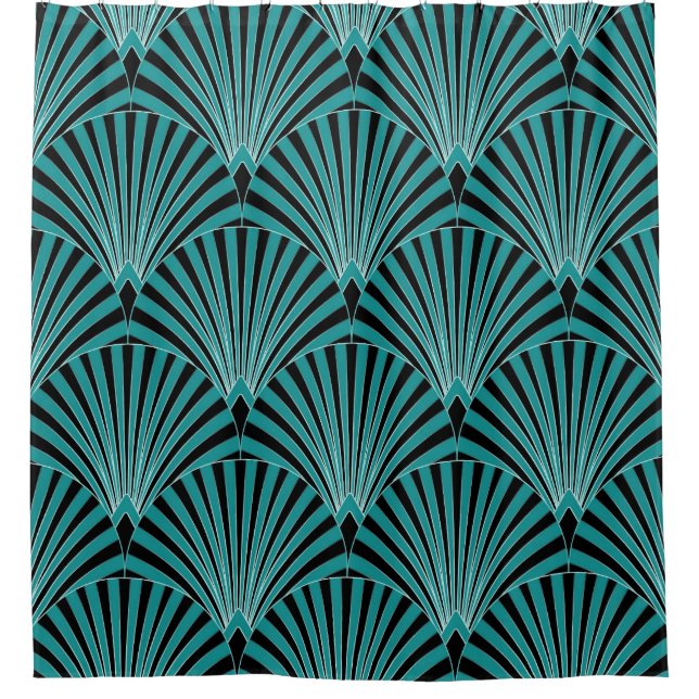 Rideaux De Douche Art Déco : motif ventilateur vert. (Devant)