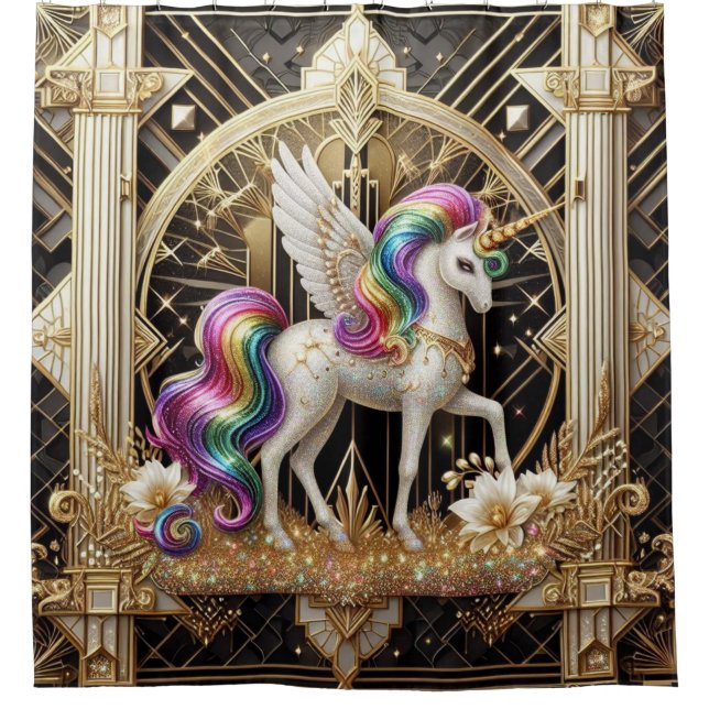 Rideaux De Douche Art Deco Rainbow Faux Glitter Unicorn (Devant)