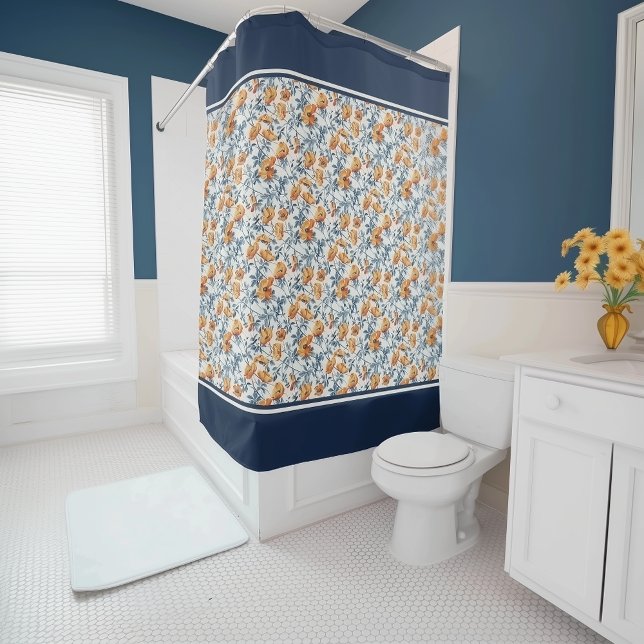 Rideaux De Douche Art Nouveau California Poppies Navy Banded (Créateur téléchargé)
