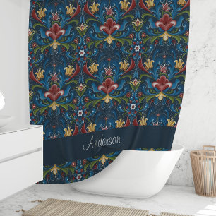 Rideaux De Douche Art populaire scandinave Bleu motif floral