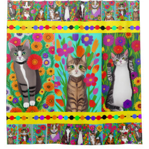 Rideaux De Douche Art populaire Style Whimsical Chat et Fleurs