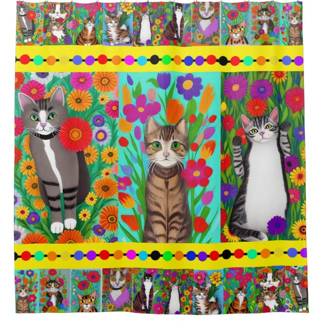Rideaux De Douche Art populaire Style Whimsical Chat et Fleurs (Devant)