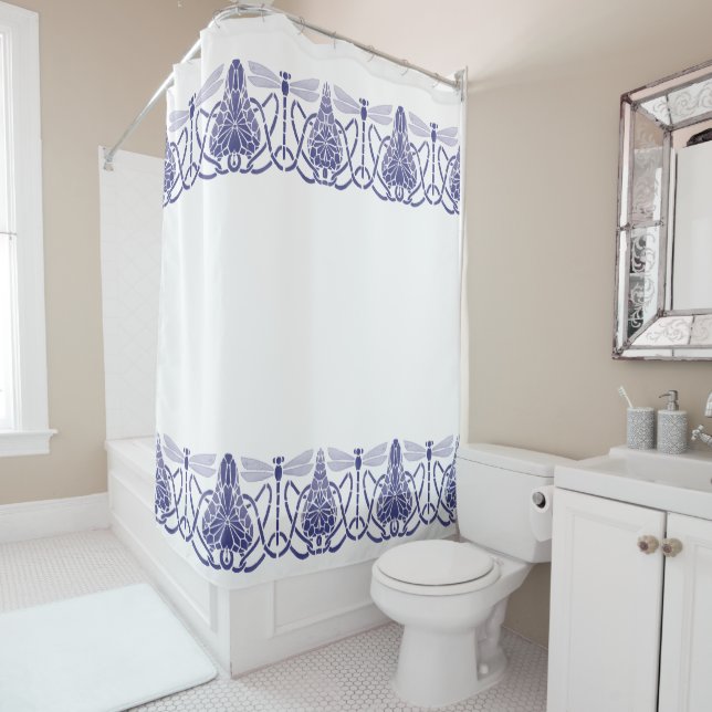 Rideaux De Douche Arts Et Artisanat Bleu & Blanc Dragonflies Frieze (En situation)