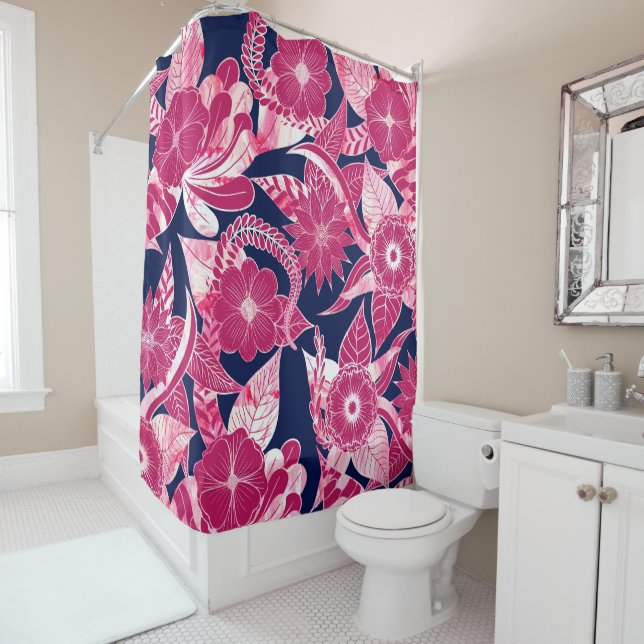 Rideaux De Douche Artsy Moderne Fuschia Marine Acrylique Feuilles fl (En situation)