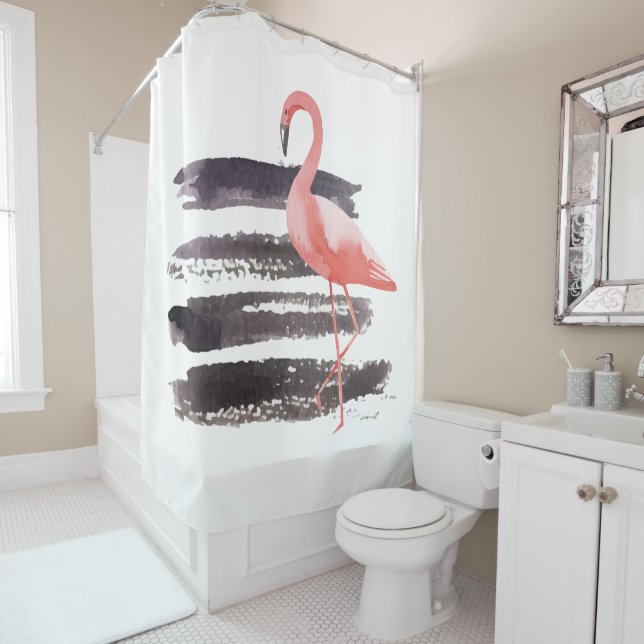 Rideaux De Douche Artsy rose Flamant rose d'aquarelle Pinceau lignes (En situation)