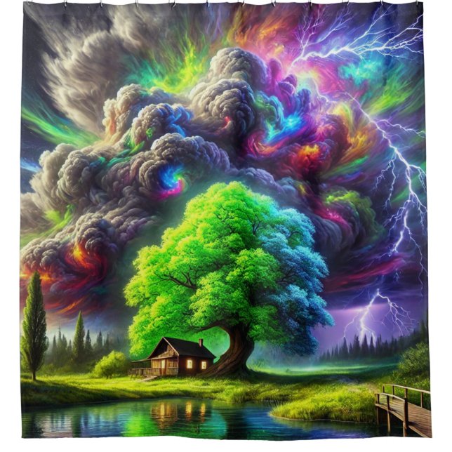 Rideaux De Douche Artsy Tree and Sunset Scene (Devant)