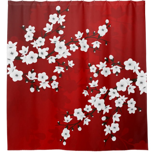 Rideaux De Douche Asie Floral blanc cerisier rouge (Devant)