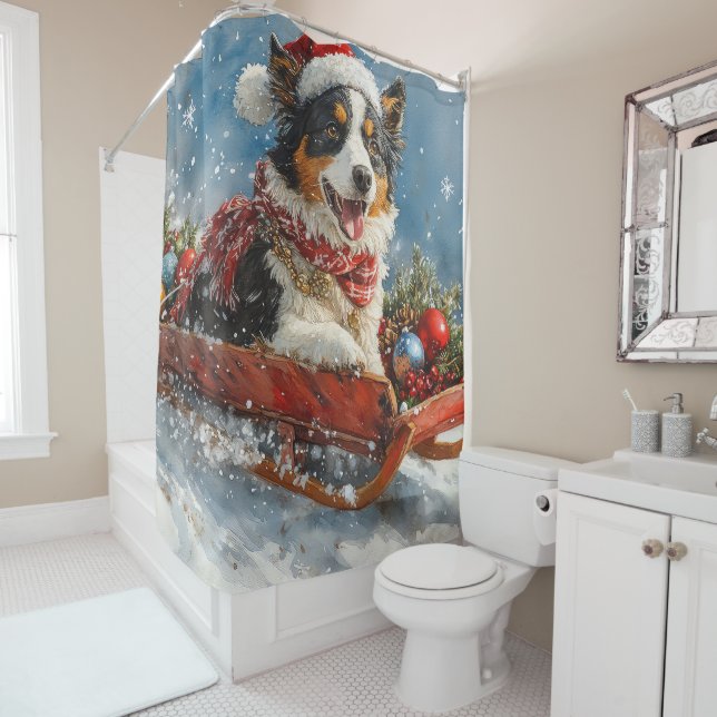 Rideaux De Douche Australian Shepherd Dog in Sledge Chriistmas (En situation)