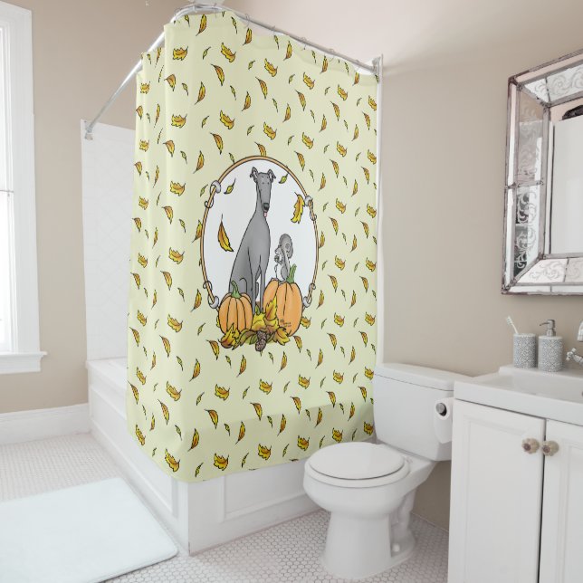 Rideaux De Douche Automne Greyhound (gris) Chien Citrouille Feuilles (En situation)