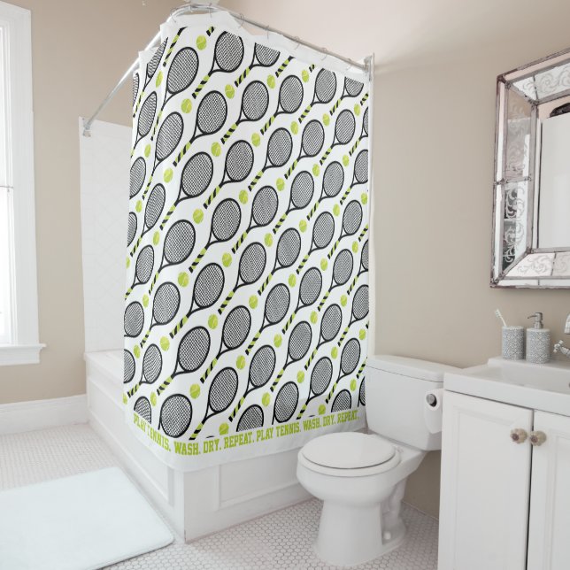 Rideaux De Douche Avec texte 🎾 tennis noir et vert 🎾 blanc Douche (En situation)
