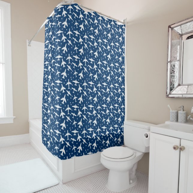Rideaux De Douche Avions, Motif d'avion bleu et blanc (En situation)