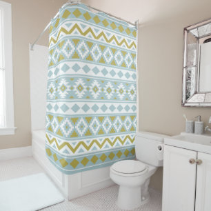 Rideaux De Douche Aztec Essence Ptn IIIb Or Blanc & Canard Oeuf Bleu