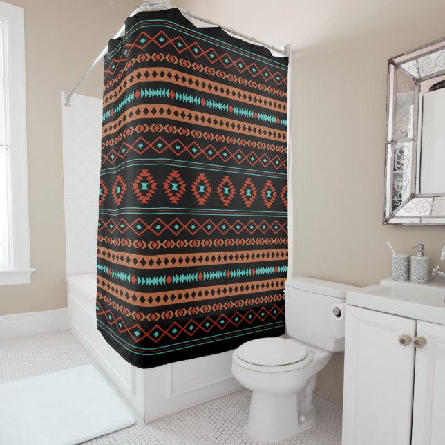 Rideaux De Douche Aztec Rusts Turquoise Noir Motifs mélangés Motif (En situation)