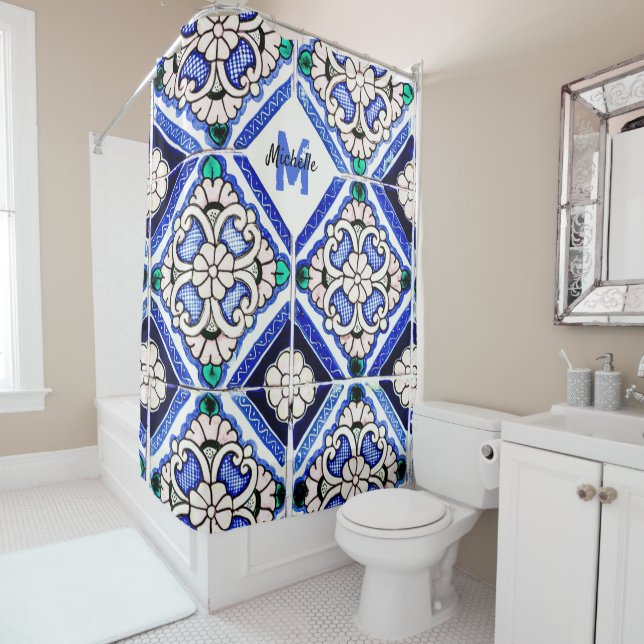Rideaux De Douche Azulejo Motif espagnol Carreaux marine Monogramme  (En situation)