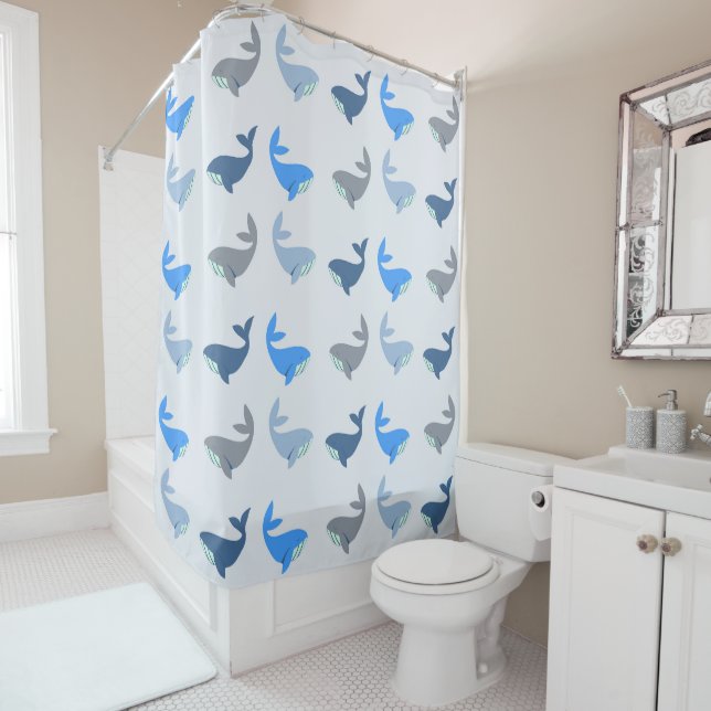 Rideaux De Douche Baleine moderne mignonne Motif illustré bleu (En situation)