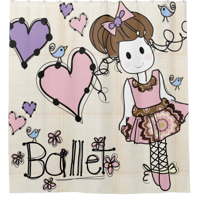 Rideaux De Douche Ballet Ballerina Danseuse Avec Coeurs et Oiseaux (Devant)