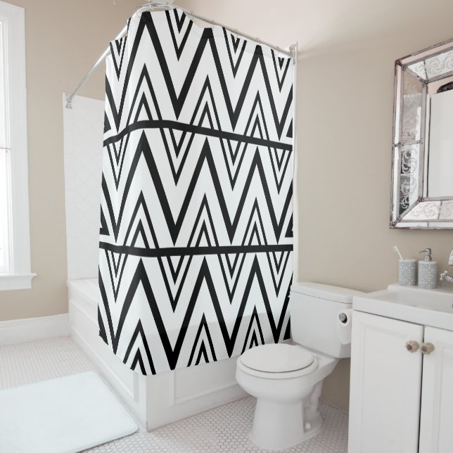 Rideaux De Douche Bande Chevron noire et blanche Bande Chevron (En situation)