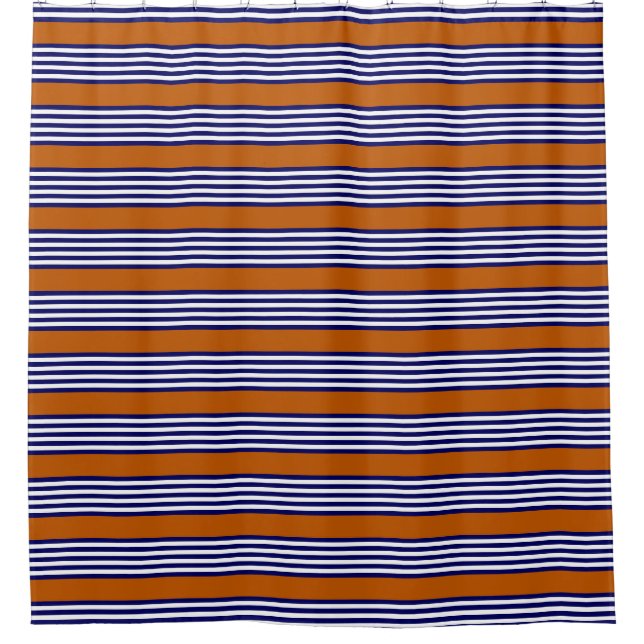 Rideaux De Douche Bandes bleu marine et blanc avec orange brûlé (Devant)