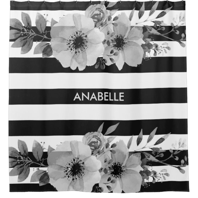 Rideaux De Douche Bandes florales noires et blanches (Devant)