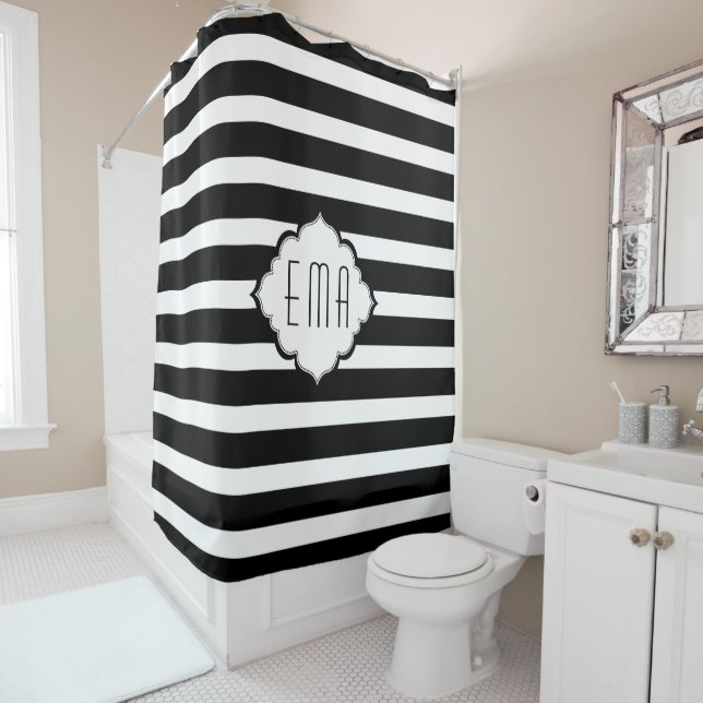 Rideaux De Douche Bandes Géométriques Noires Et Blanches (En situation)