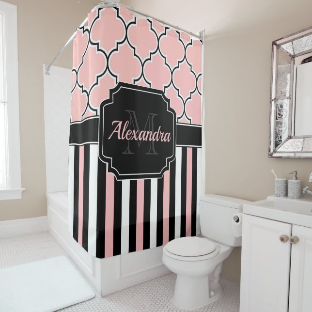 Rideaux De Douche Bandes roses & Quatrefoil (En situation)