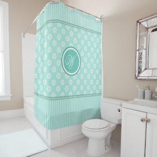 Rideaux De Douche Bandes vertes et marguerites blanches avec Monogra