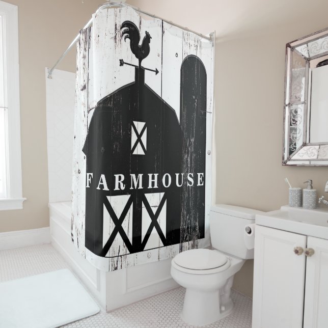 Rideaux De Douche Barne Noire Blanc Bois Rustique Pays Ferme (En situation)