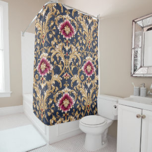 Rideaux De Douche Baroque Floral Royal sur Fond Bleu Profond