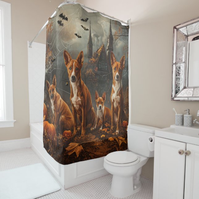 Rideaux De Douche Basenji Halloween Chien De Nuit Délice (En situation)