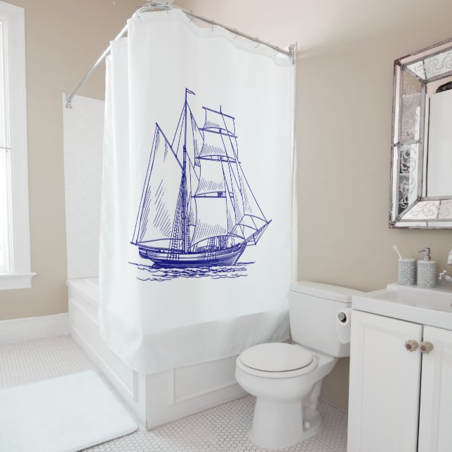 Rideaux De Douche bateau à voile bleu marine chic (En situation)