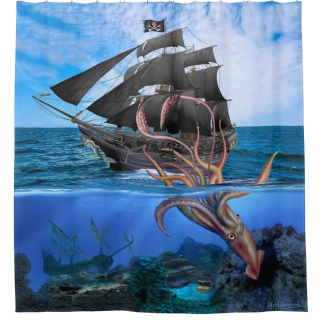 Rideaux De Douche Bateau de pirate contre le calmar géant (Devant)
