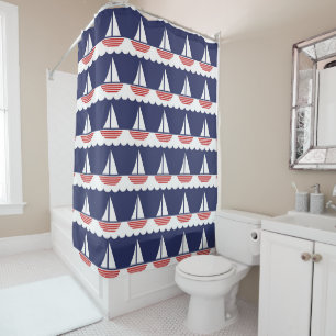 Rideaux De Douche Bateau nautique Motif Marine Bleu et Rouge